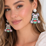 Handmade Beaded Easter Bunny Earrings, Spring Egg Basket Dangle Jewelry