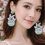 Handmade Beaded Easter Bunny Earrings, Spring Egg Basket Dangle Jewelry