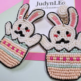 Handmade Beaded Easter Bunny Earrings, Spring Egg Basket Dangle Jewelry