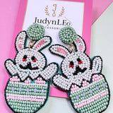 Handmade Beaded Easter Bunny Earrings, Spring Egg Basket Dangle Jewelry