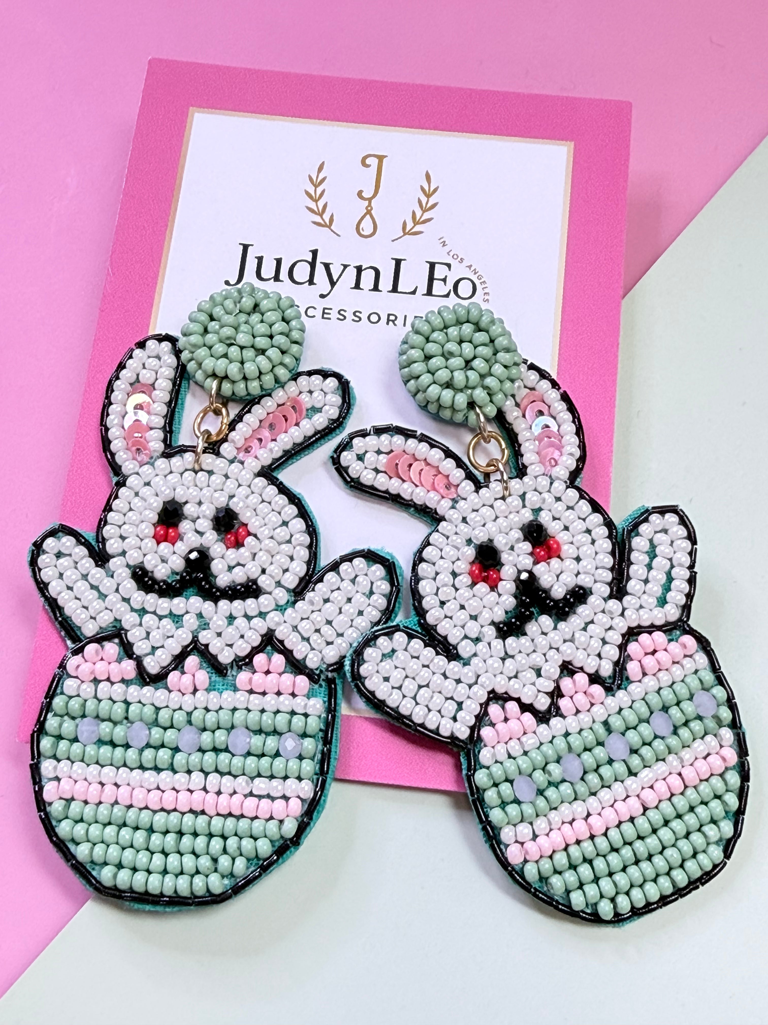 Handmade Beaded Easter Bunny Earrings, Spring Egg Basket Dangle Jewelry
