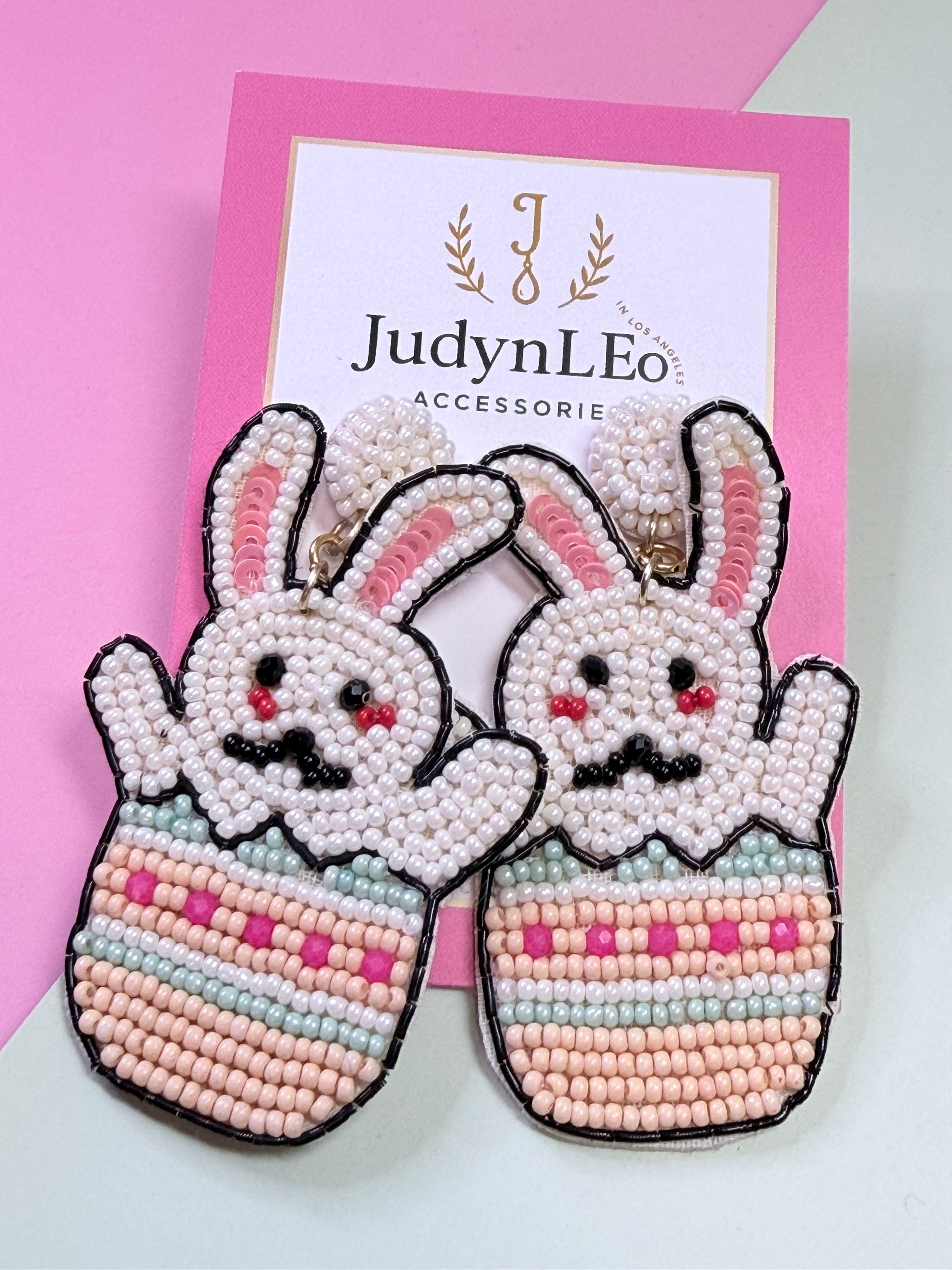 Handmade Beaded Easter Bunny Earrings, Spring Egg Basket Dangle Jewelry