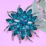 Teal Crystal Flower Brooch Pin