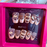 Handmade Press-On Nails (Short Coffin)– Latte Ribbon Charm