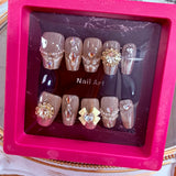 Handmade Press-On Nails (Short Coffin)– Champagne Crystal Luxe