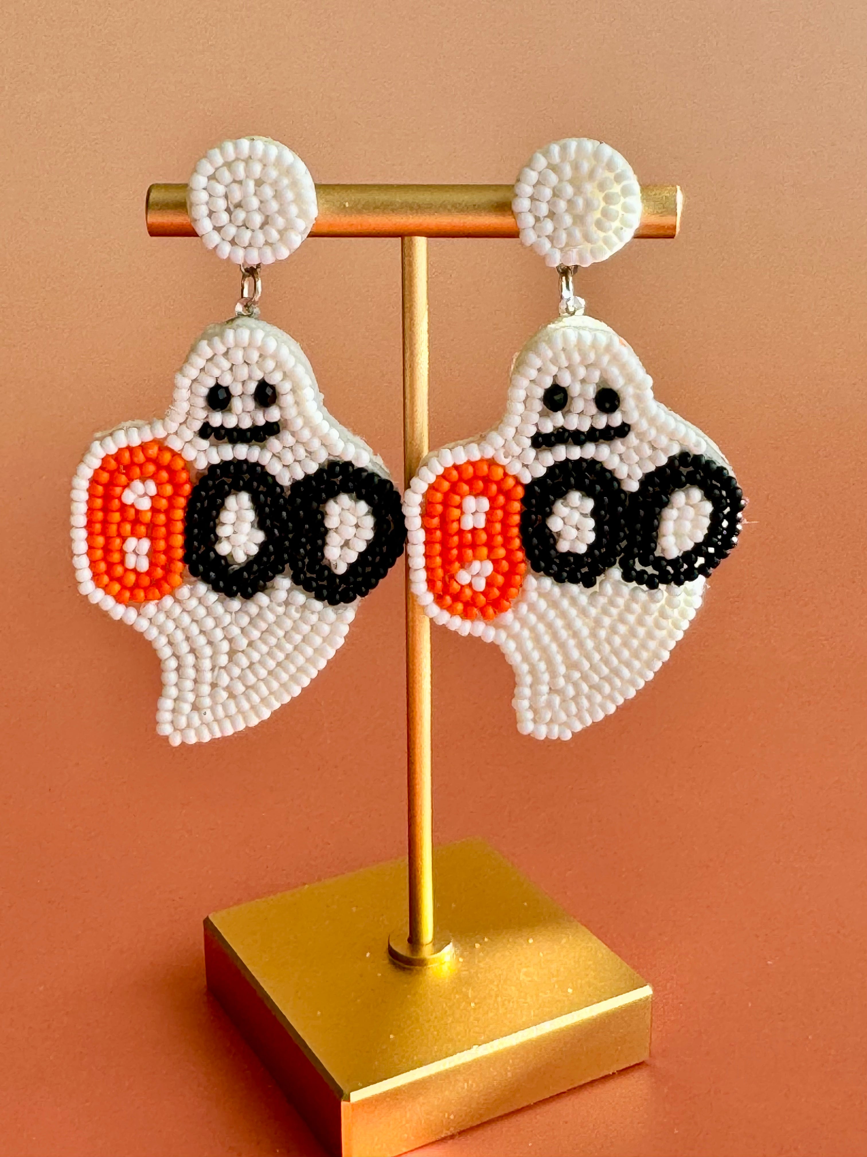 Handmade Halloween Ghost Earrings: Boho Seed Bead Dangle