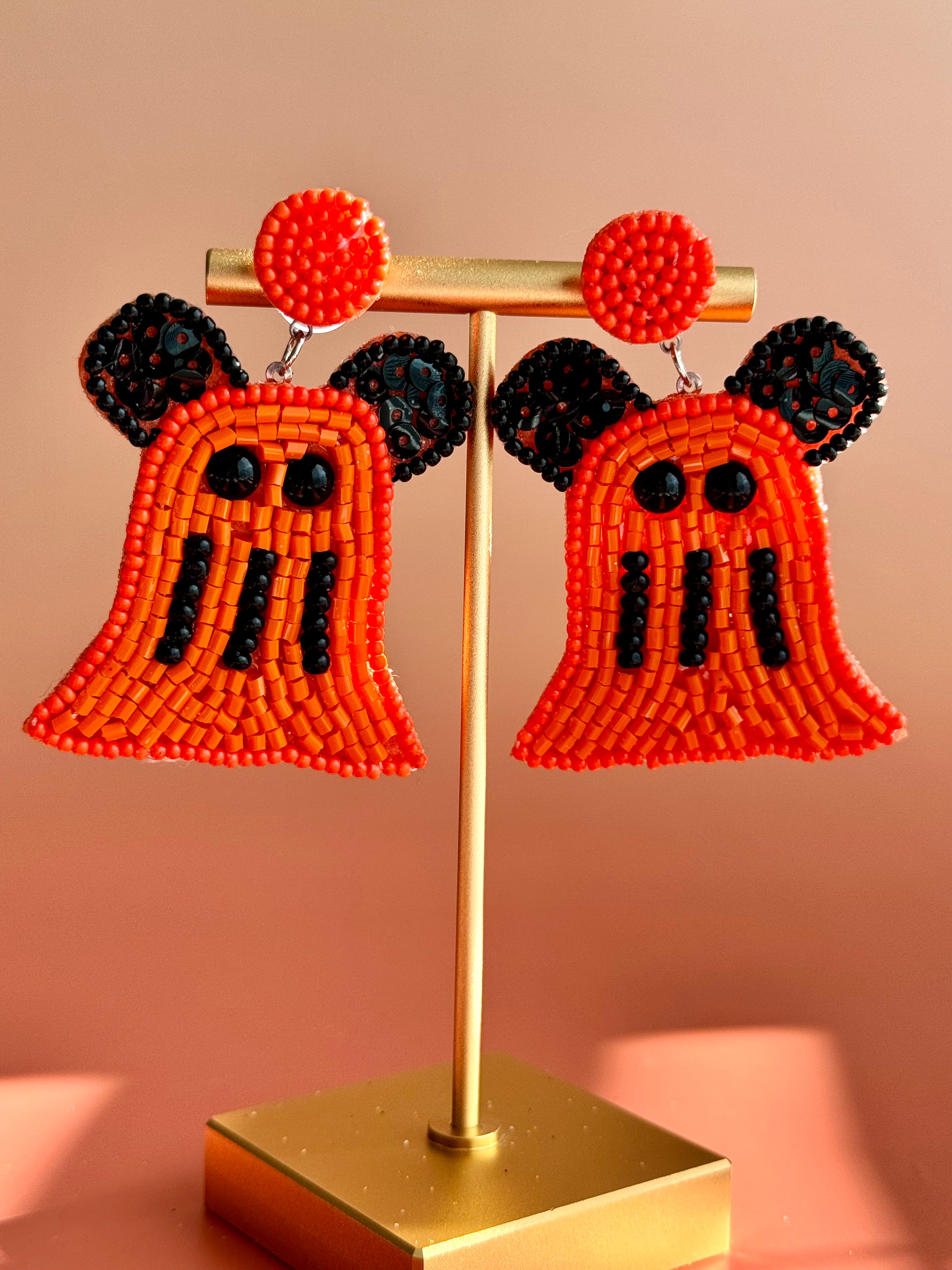 Handmade Halloween Ghost Earrings: Boho Beaded Mickey Mouse