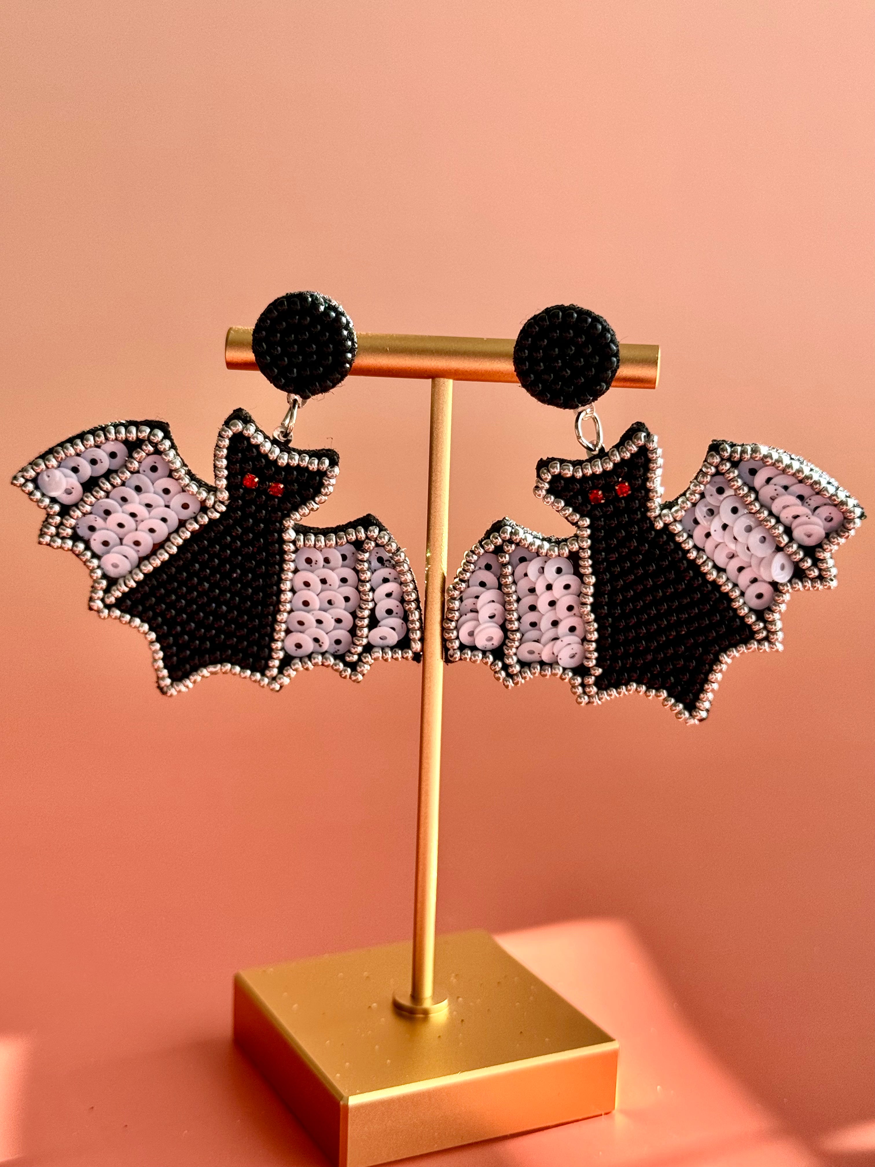Handmade Halloween Bat Earrings: Boho Sequined Seed Bead
