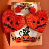 Handmade Halloween Beaded Earrings: Boho Heart Pumpkin Dangle