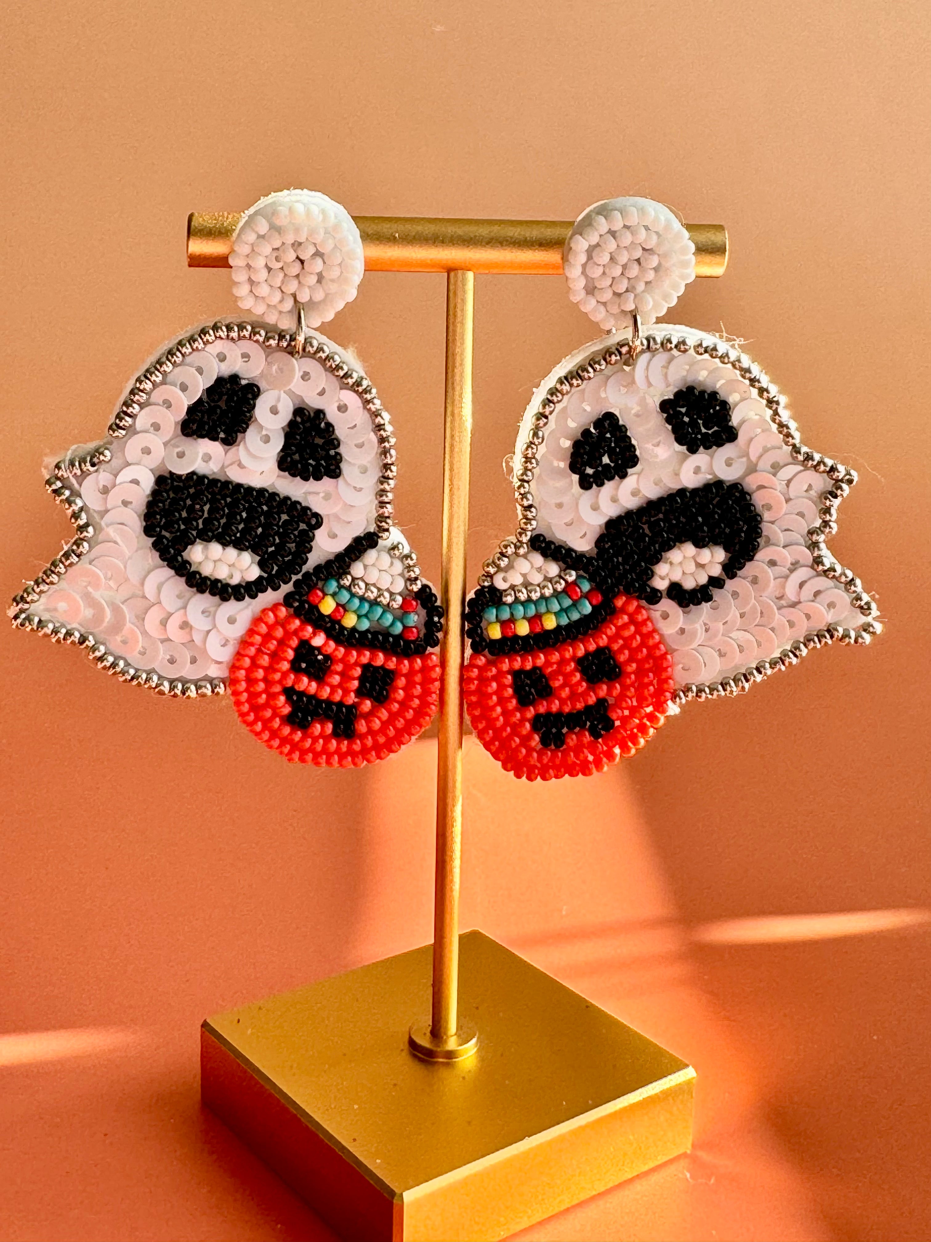 Handmade Halloween Ghost & Pumpkin Seed Bead Earrings