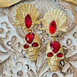 Vintage Gold Plated Resin Drop Earring Silver Post Red Skull