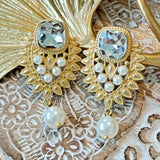 French Gold Plated Rhinestone /Pearl Dangle Earring Silver Post White