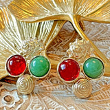 Vintage Gold Plated Resin Earring Silver Post Green/ Red/ Gold
