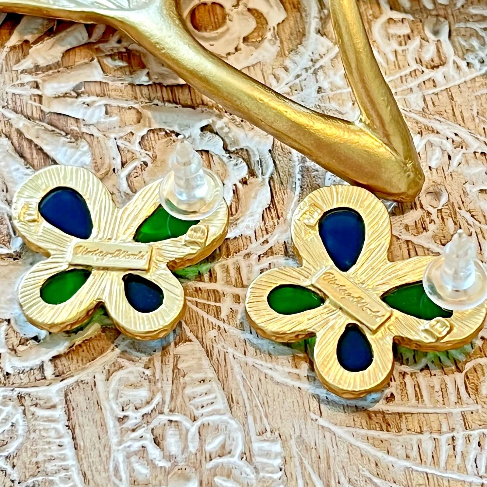 Vintage Gold Plated Resin Earring Silver Post Green/Blue 4 Leaves