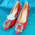 3" Hangisi RED Satin Rhinestone Crystal High Heel pumps Luxury shoe US5.5