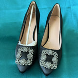 Jeweled Buckle Stain Black Hangisi High Heels 4" Pump Crystal Shoes US 6.5
