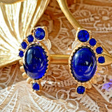 Vintage European Gold Plated Cabochon Resin Earring Silver Post Blue