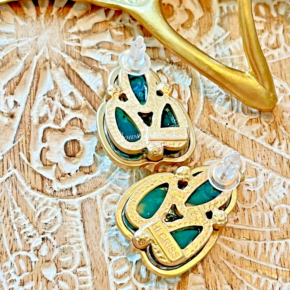 Victoria Gold Plated Resin Earring Silver Post Green/Gold HI CRISS