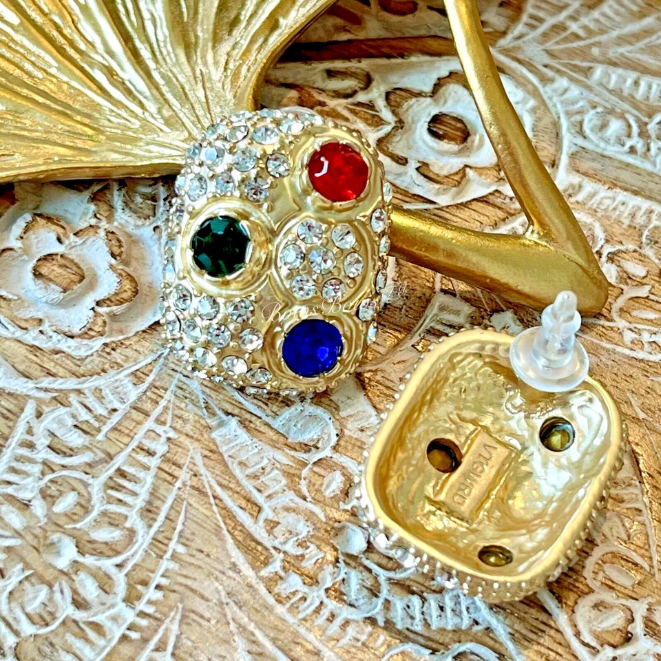 Vintage Gold Plated Crystal Earring Silver Post Green/Blue/Red