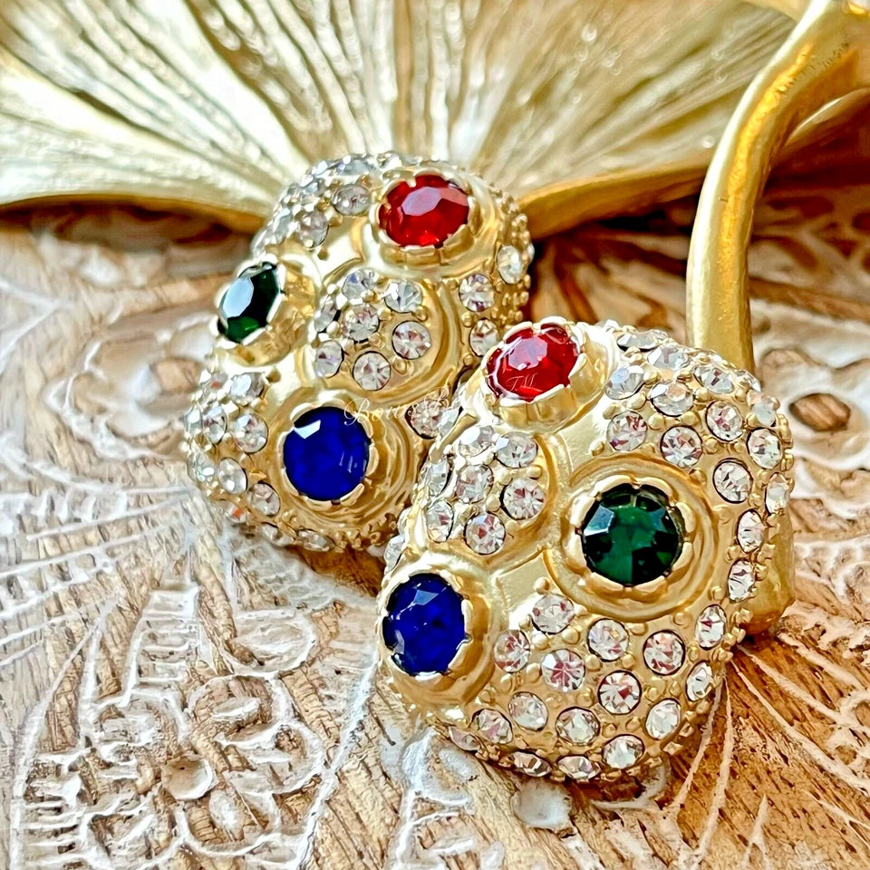 Vintage Gold Plated Crystal Earring Silver Post Green/Blue/Red