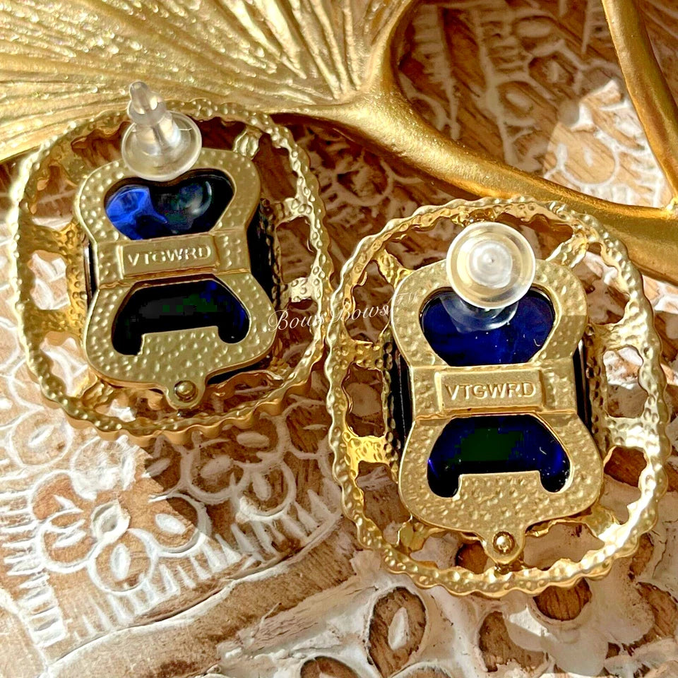 Vintage Gold Plated Resin Earring Silver Post Blue VTGWRD