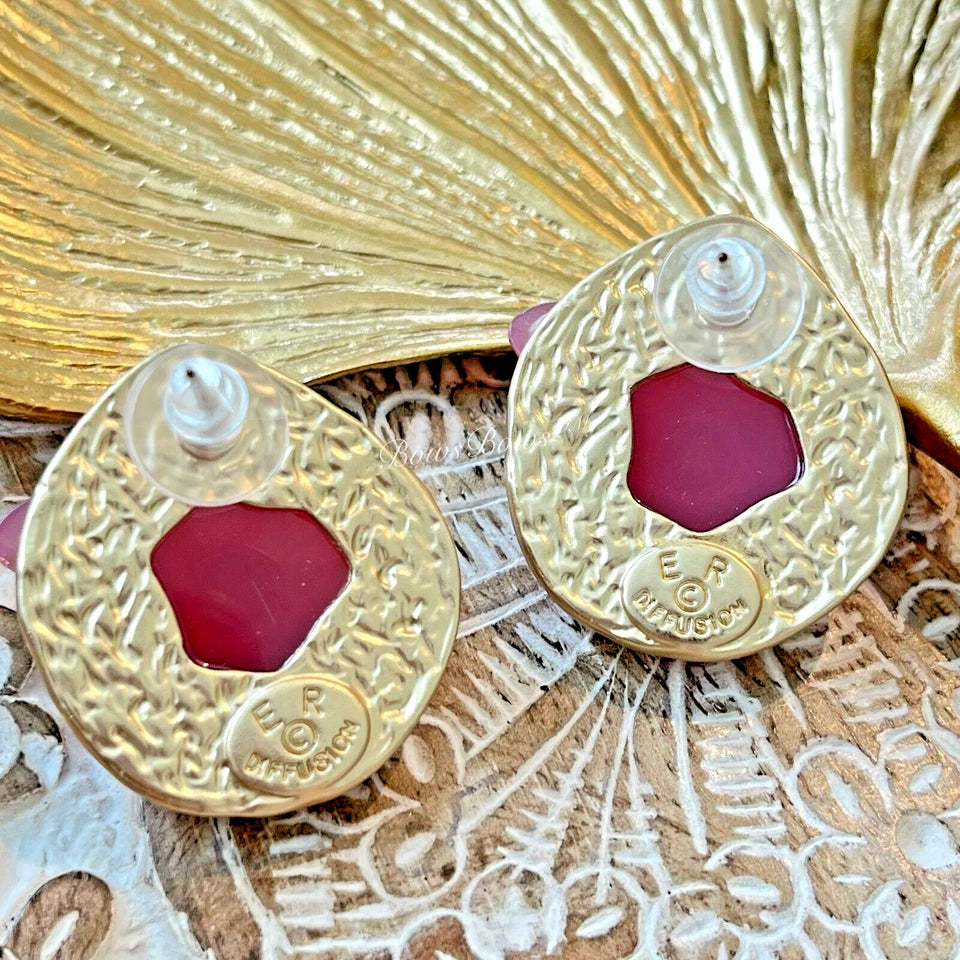 Vintage Gold Plated Resin Earring Silver Post Fuchsia Flower
