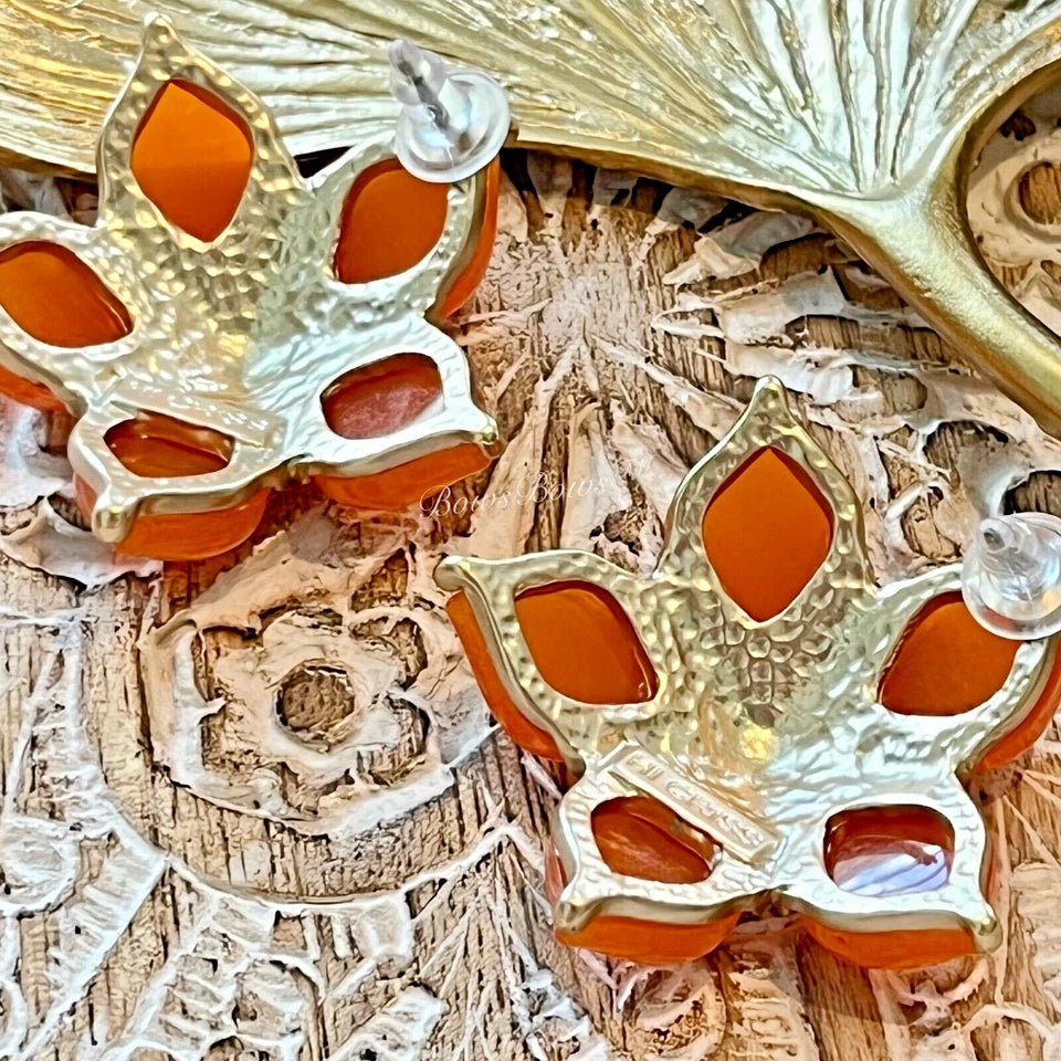 Vintage Gold Plated Resin Earring Silver Post Orange Flower