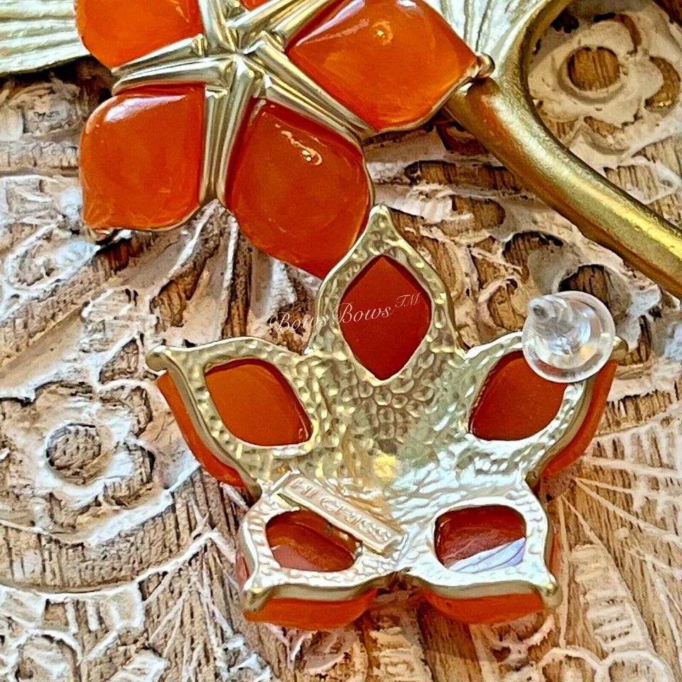 Vintage Gold Plated Resin Earring Silver Post Orange Flower