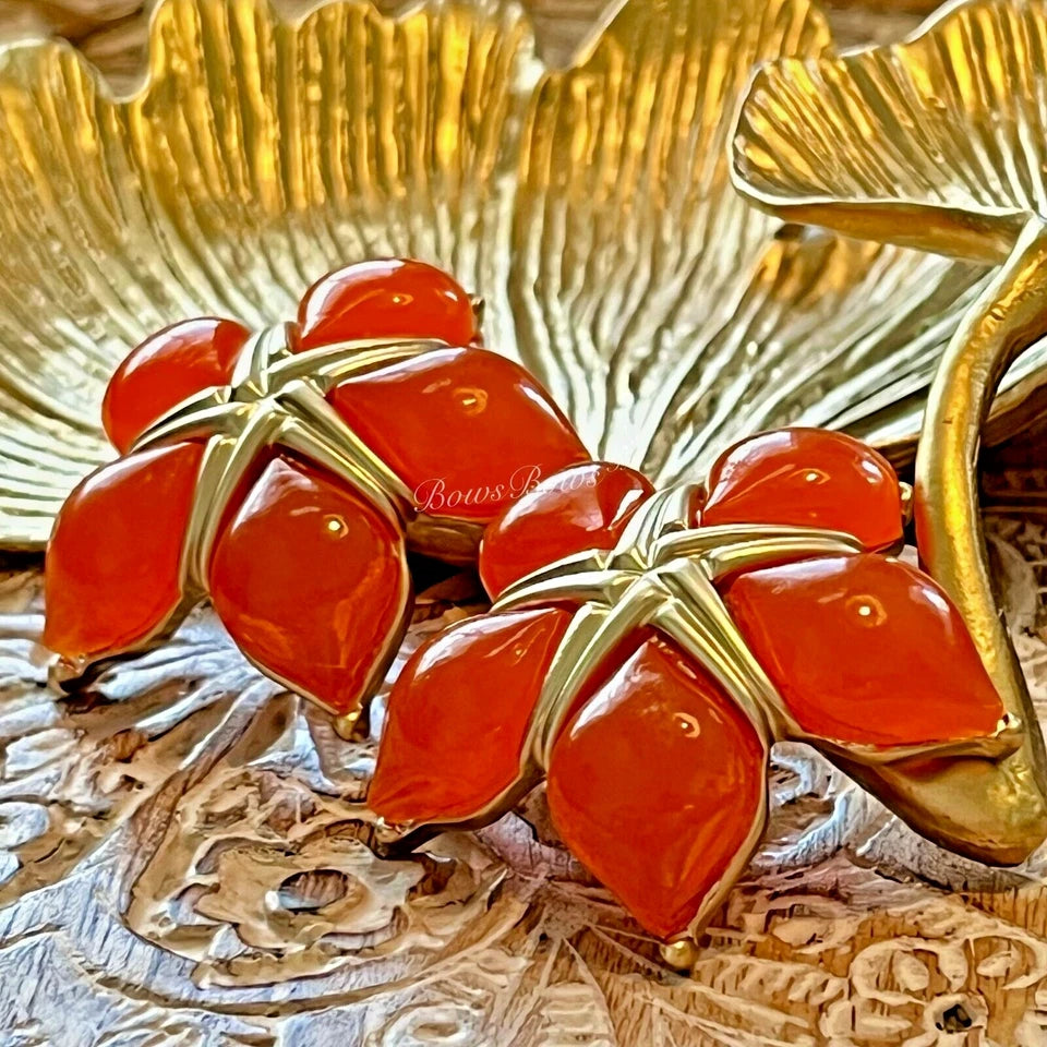 Vintage Gold Plated Resin Earring Silver Post Orange Flower
