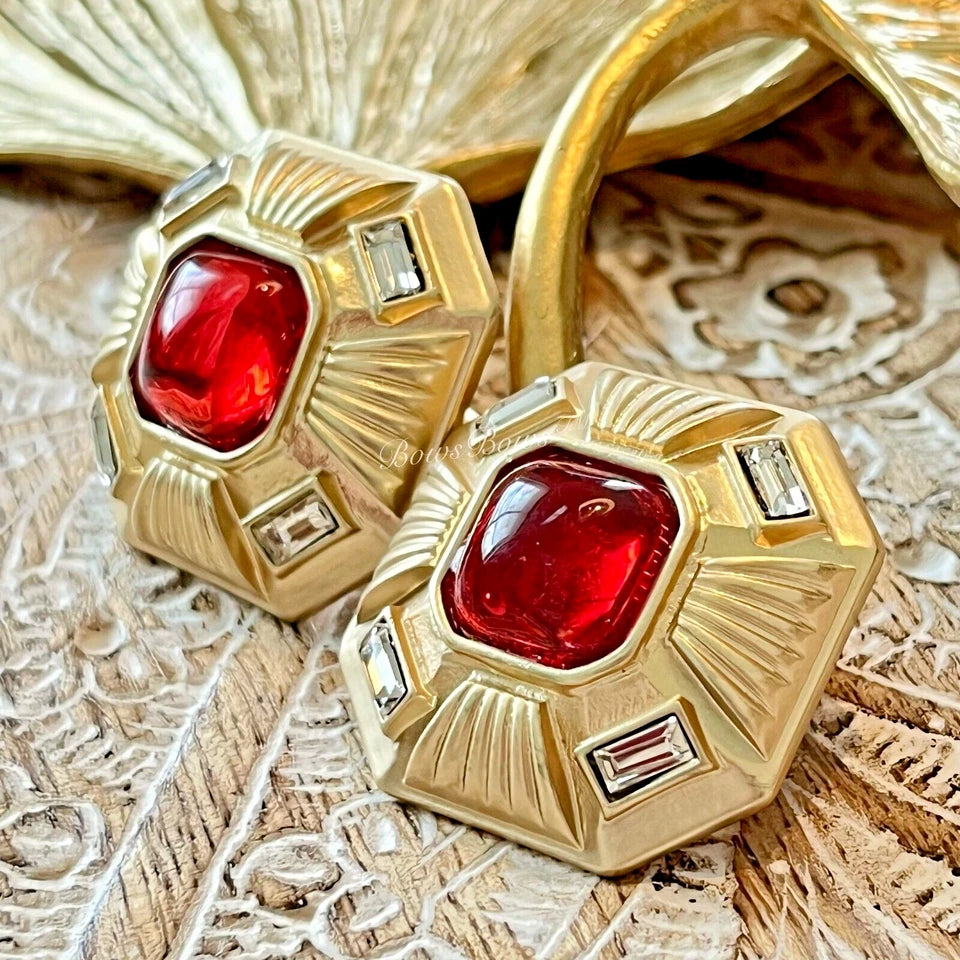 French Gold Plated Resin/Crystal Earring Silver Post Red Square
