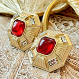 French Gold Plated Resin/Crystal Earring Silver Post Red Square