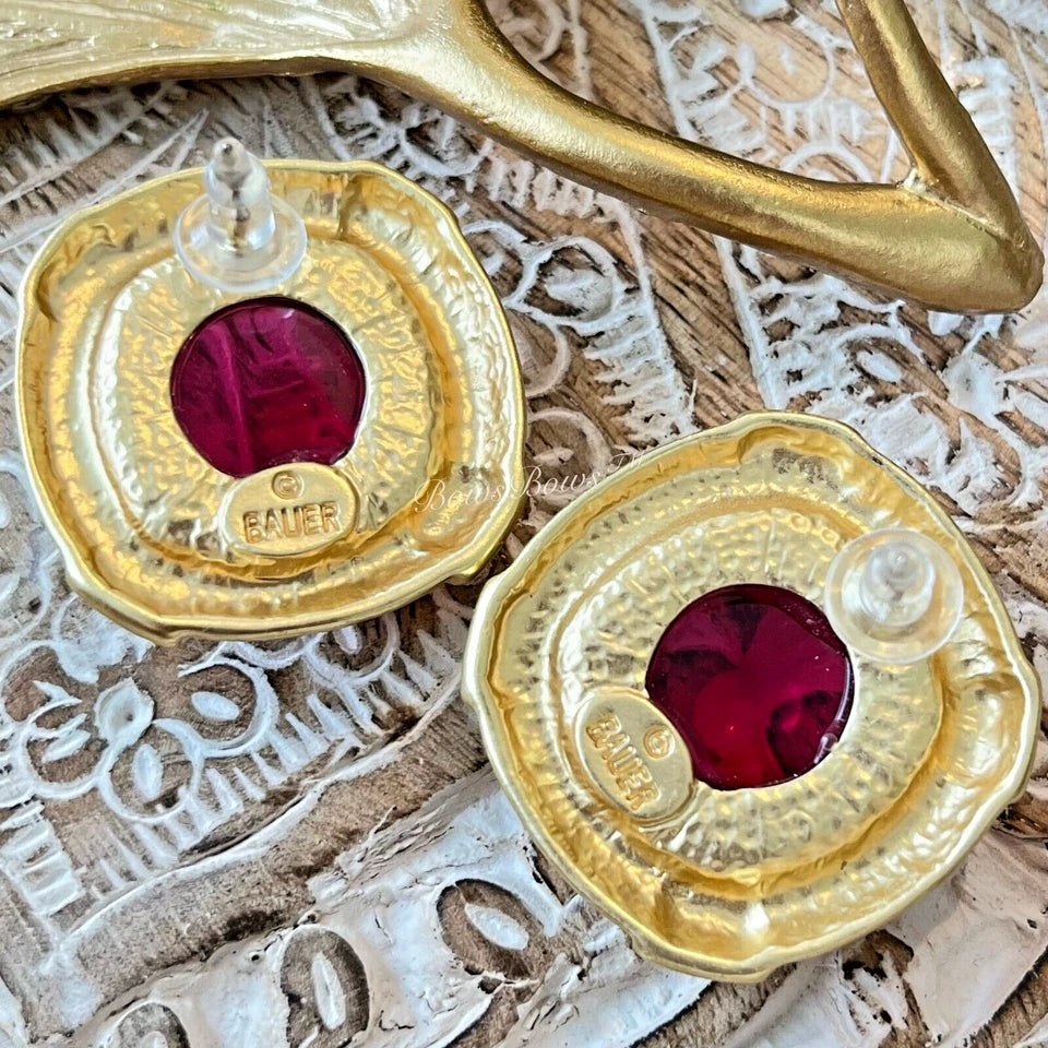 Vintage Gold Plated Resin/Crystal Earring Silver Post Red BAUER