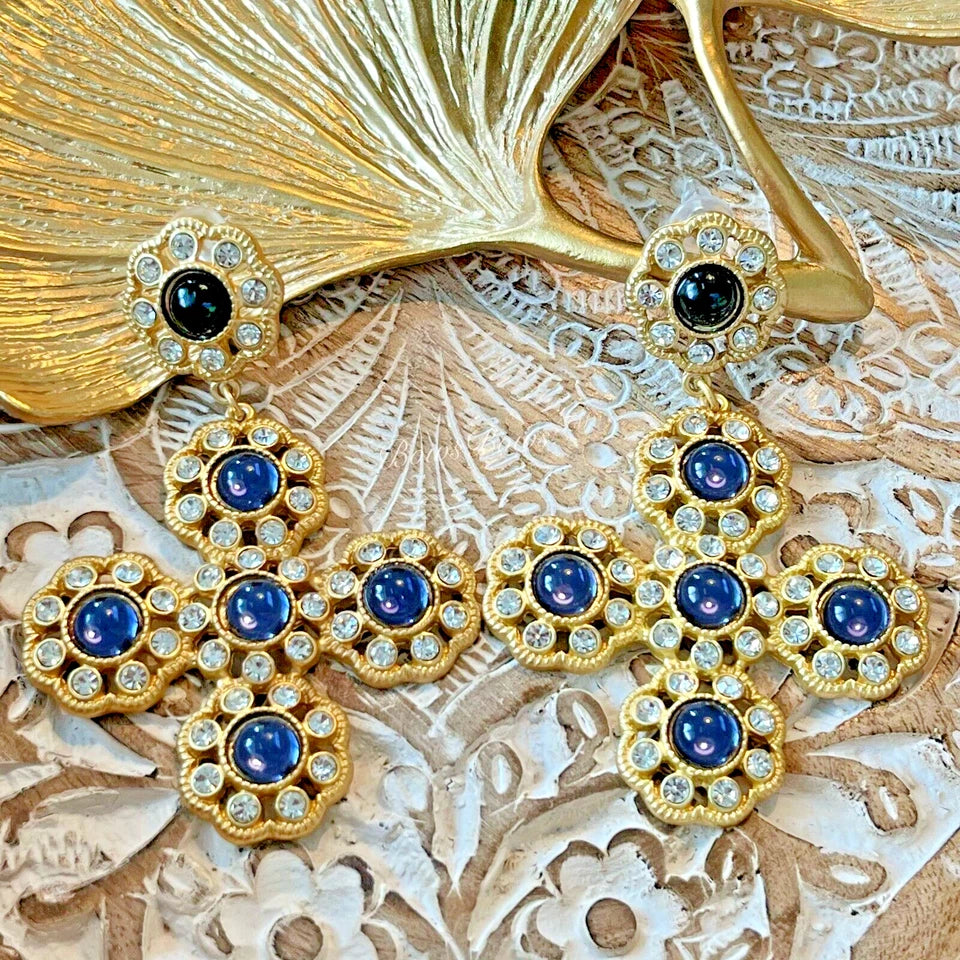 Vintage Gold Plated Resin Cross Dangle Earring Silver Post Blue