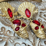 Vintage Gold Plated Resin Drop Earring Silver Post Red Skull