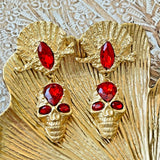 Vintage Gold Plated Resin Drop Earring Silver Post Red Skull