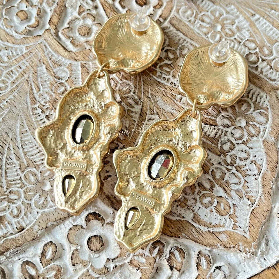 Vintage Gold Plated Resin Drop Earring Silver Post Red