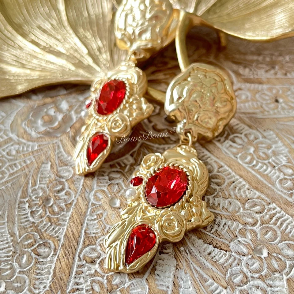Vintage Gold Plated Resin Drop Earring Silver Post Red
