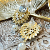 French Gold Plated Rhinestone /Pearl Dangle Earring Silver Post White