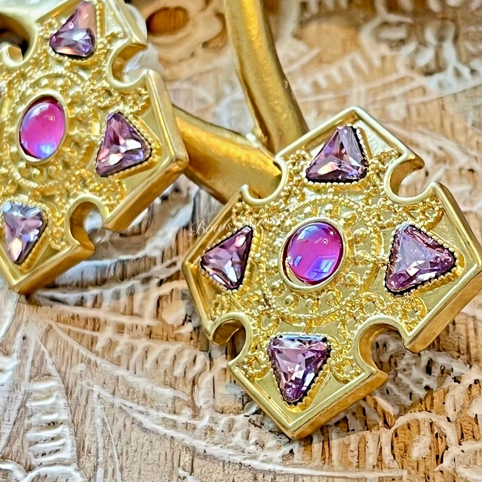 Victoria Gold Plated Resin/Crystal Earring Silver Post Pink/ Purple