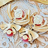 French Gold Plated Rhinestone /Resin Dangle Earring Silver Post Pink