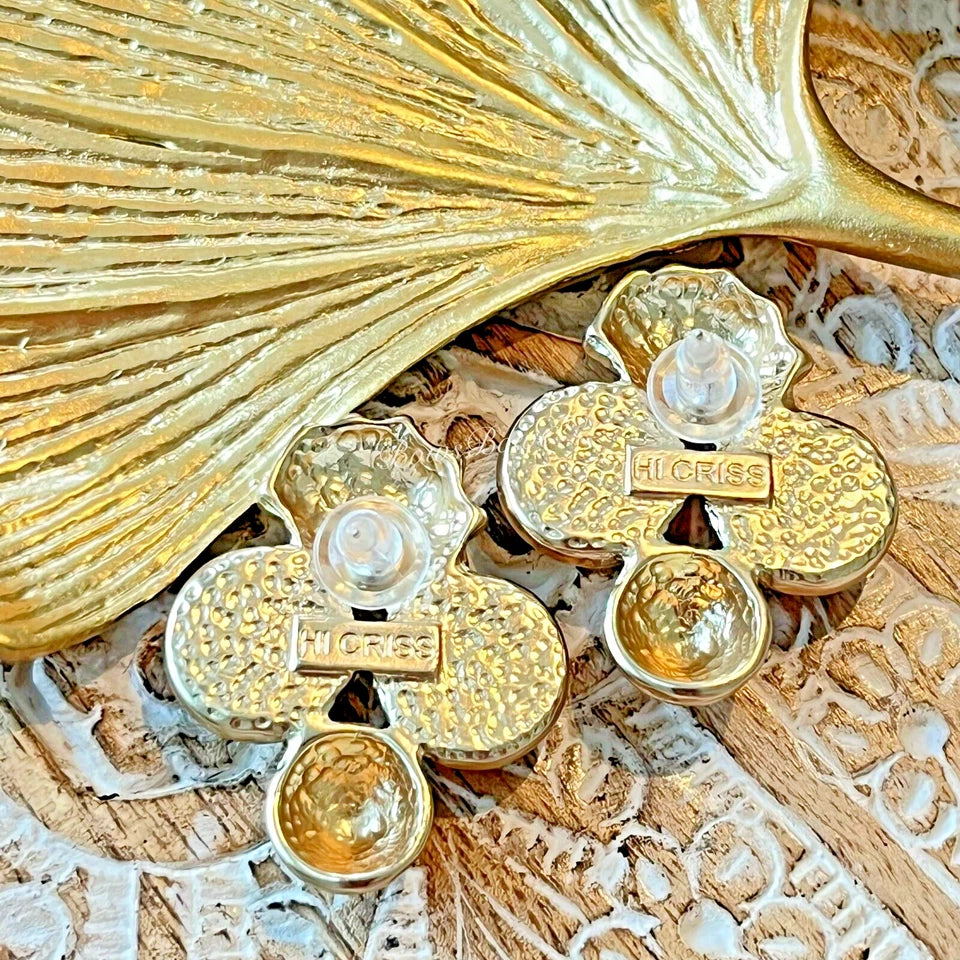 Vintage Gold Plated Resin Earring Silver Post Green/ Red/ Gold