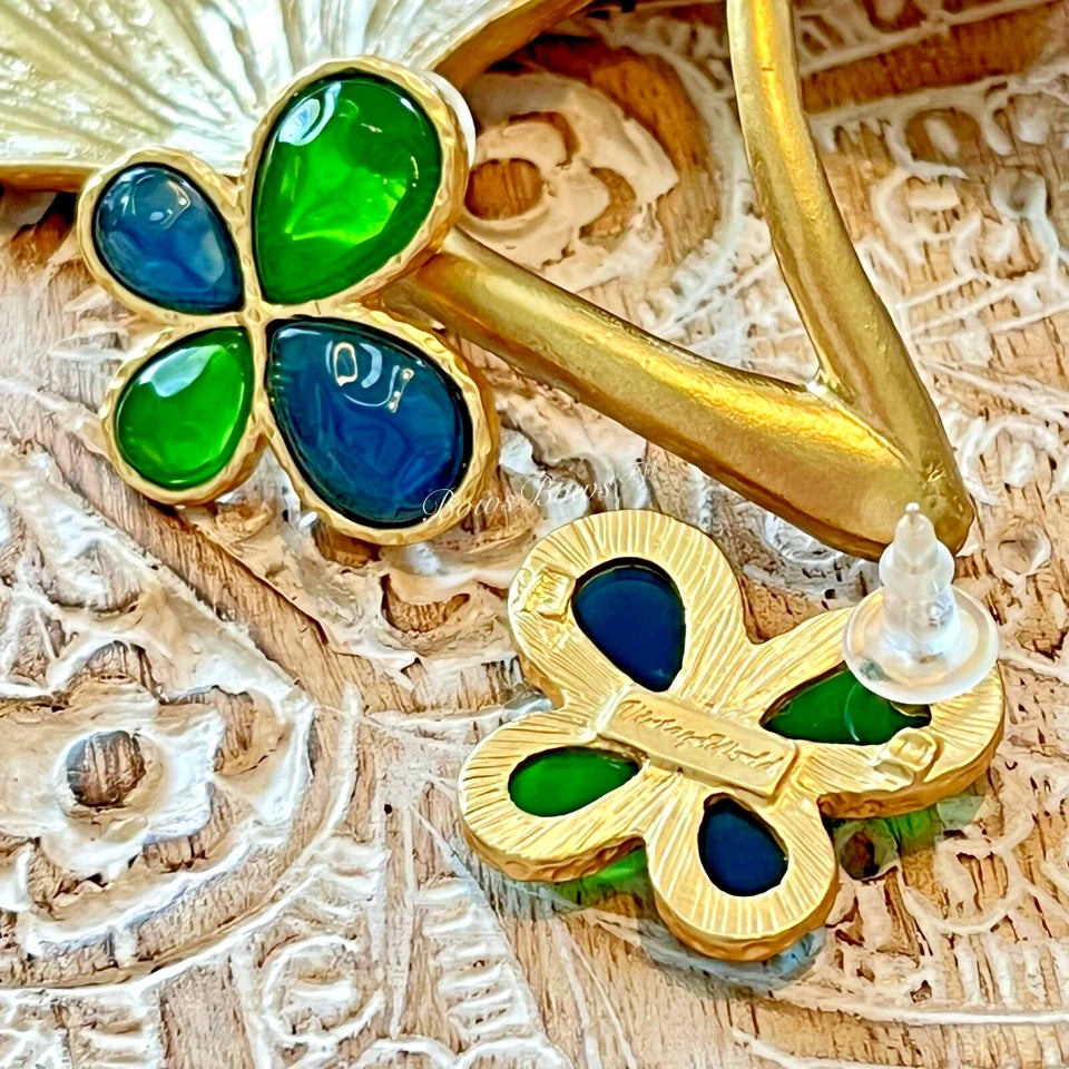 Vintage Gold Plated Resin Earring Silver Post Green/Blue 4 Leaves