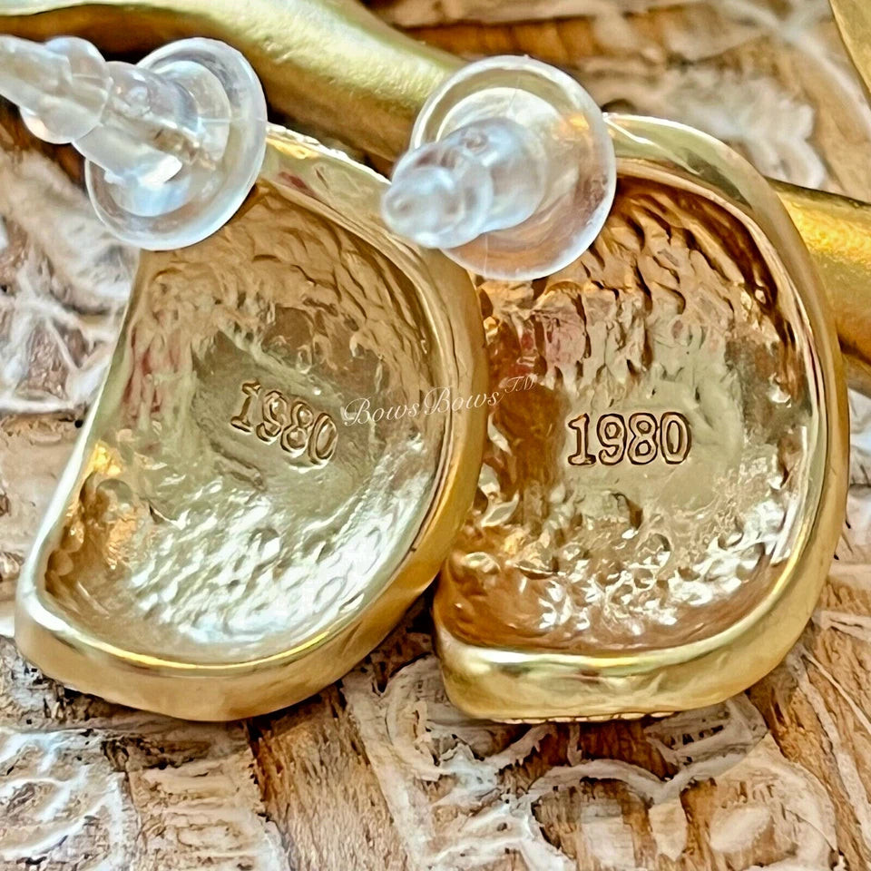 Vintage Gold Plated Resin/Crystal Earring Silver Post Green/ Curve