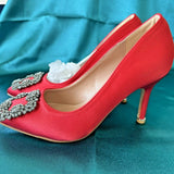 3" Hangisi RED Satin Rhinestone Crystal High Heel pumps Luxury shoe US5.5