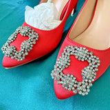 3" Hangisi RED Satin Rhinestone Crystal High Heel pumps Luxury shoe US5.5