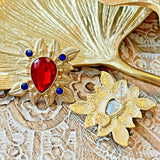 Vintage French Gold Plated Resin/Rhinestone Earring Silver Post Red Blue