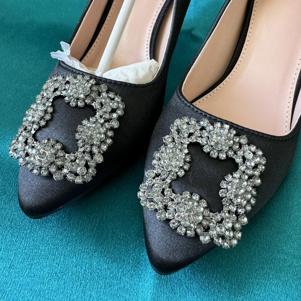 Jeweled Buckle Stain Black Hangisi High Heels 4" Pump Crystal Shoes US 6.5