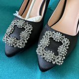 Jeweled Buckle Stain Black Hangisi High Heels 4" Pump Crystal Shoes US 6.5