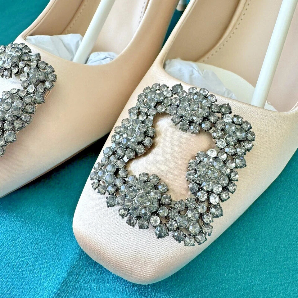 3"SquareToe Champagne Beige Satin Rhinestone Crystal  Luxury shoe US8