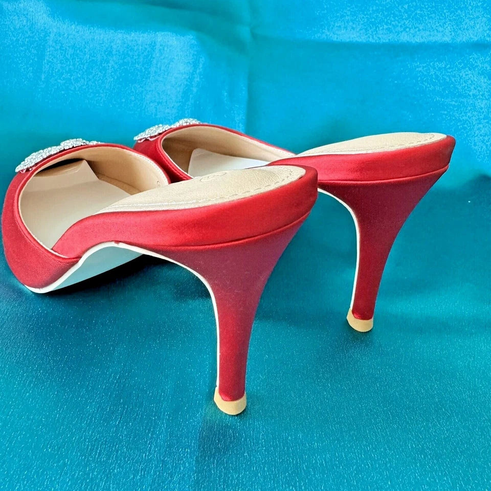 Pointed Toe Mule Crystal Rhinestone Sandals Stiletto Heel RED Satin